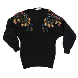 Vintage Black Silk Angora Wool Beaded Jeweled Sweater Womens Medium